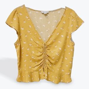 American Eagle Mustard Yellow Daisy Floral Ruched Peplum Top V-Neck Medium